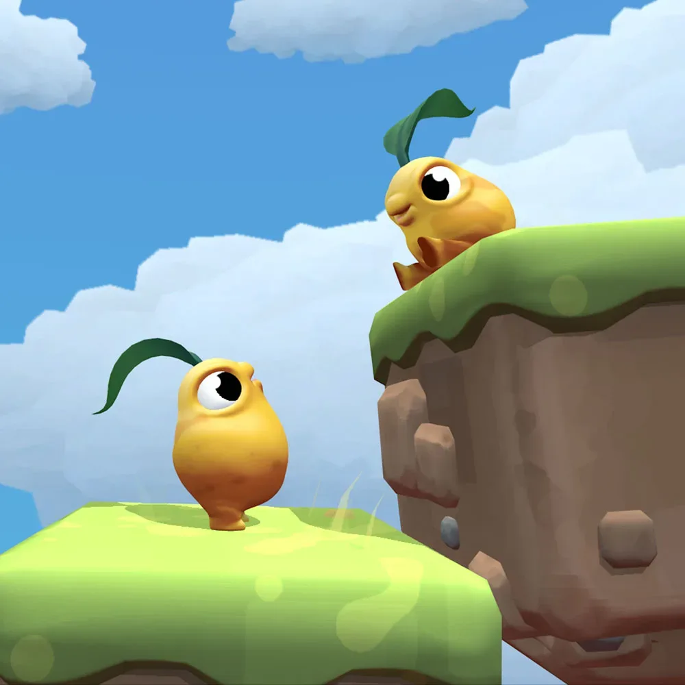 A bright and colorful image of two spuds from the VR game Kartoffl looking at each other and smiling. One spud is sitting on a grass block, looking down at the other one who is standing.