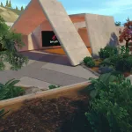 A 3D scene showing a presentation area located outside under open sky. The ground is paved and its shapes are broken up with flower beds. A large modern de-constructed cement tunnel is placed on the pavement.