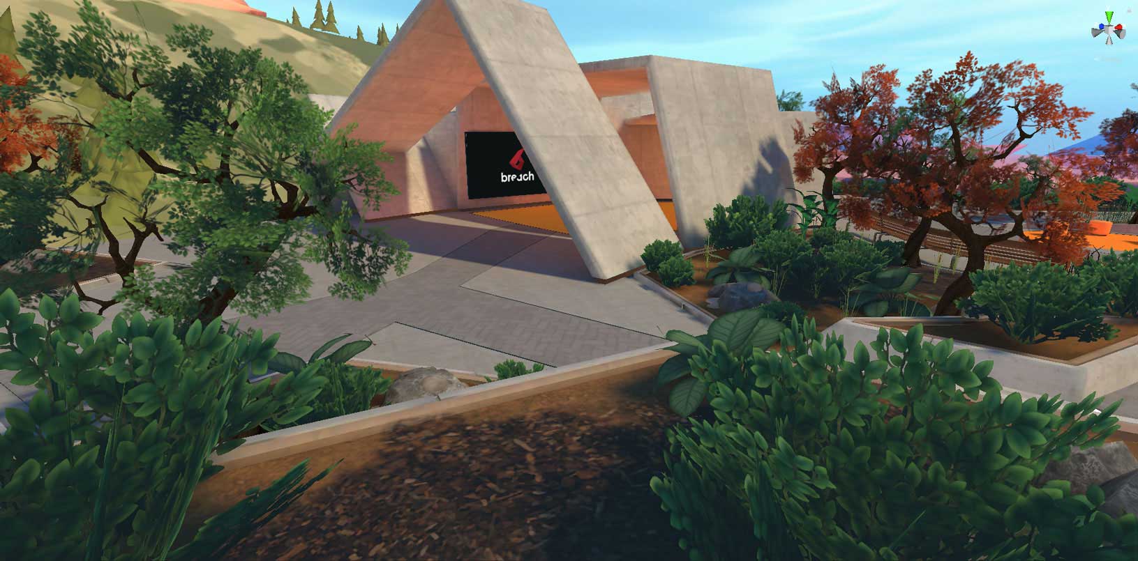 A 3D scene showing a presentation area located outside under open sky. The ground is paved and its shapes are broken up with flower beds. A large modern de-constructed cement tunnel is placed on the pavement.